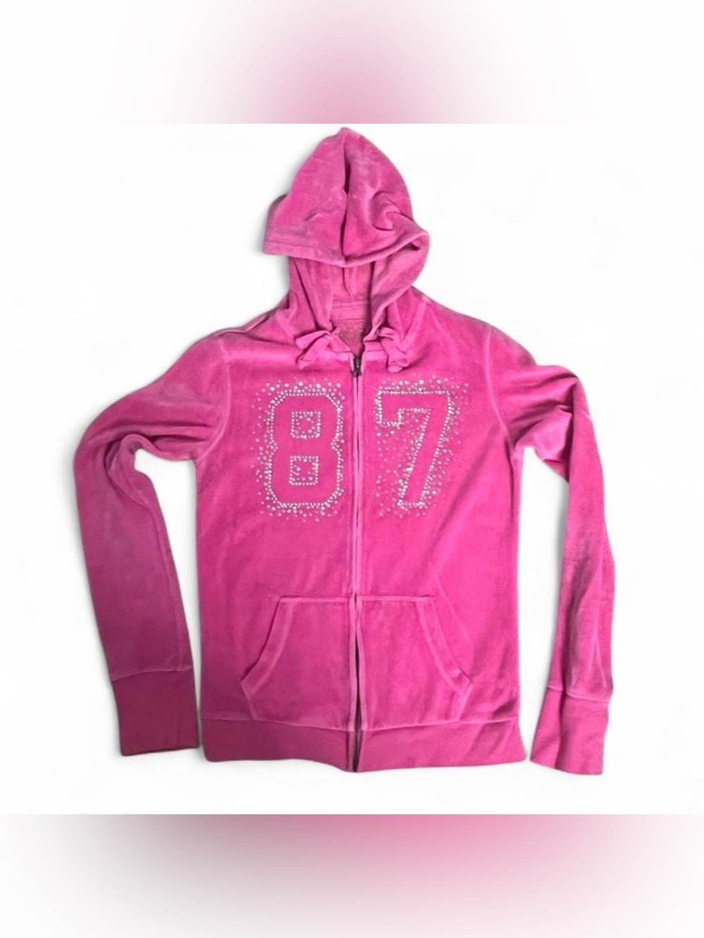 Rare Y2K Pink Aeropostale Velour Zip Up Hoodie with Rhinestone 87 Design